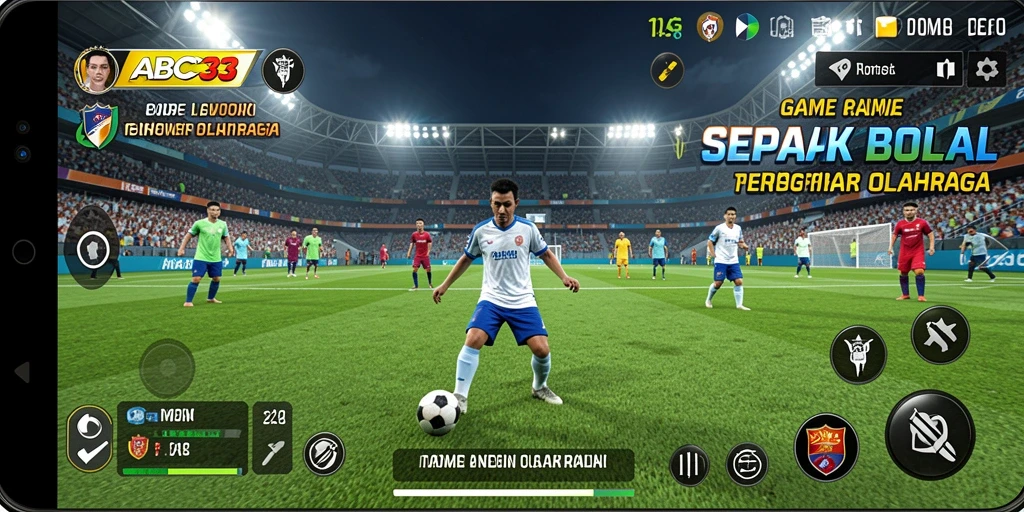 Screenshot gameplay ABC33 menampilkan aksi seru di lapangan sepak bola.