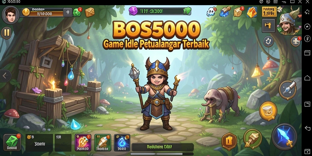 Screenshot gameplay BOS5000 menampilkan dunia yang penuh warna dan karakter unik.