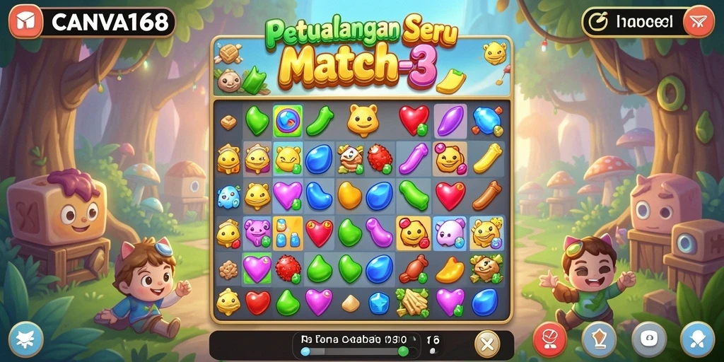 Screenshot gameplay CANVA168 menunjukkan aksi mencocokkan simbol Match-3 yang seru.