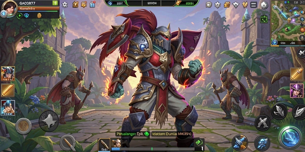 Screenshot gameplay GACOR77 menampilkan pertarungan epik antara pemain dan monster.