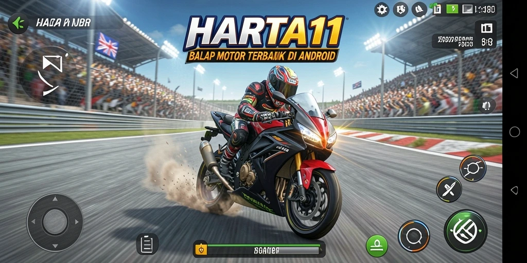 Gameplay seru HARTA11 dengan balapan motor mendebarkan.
