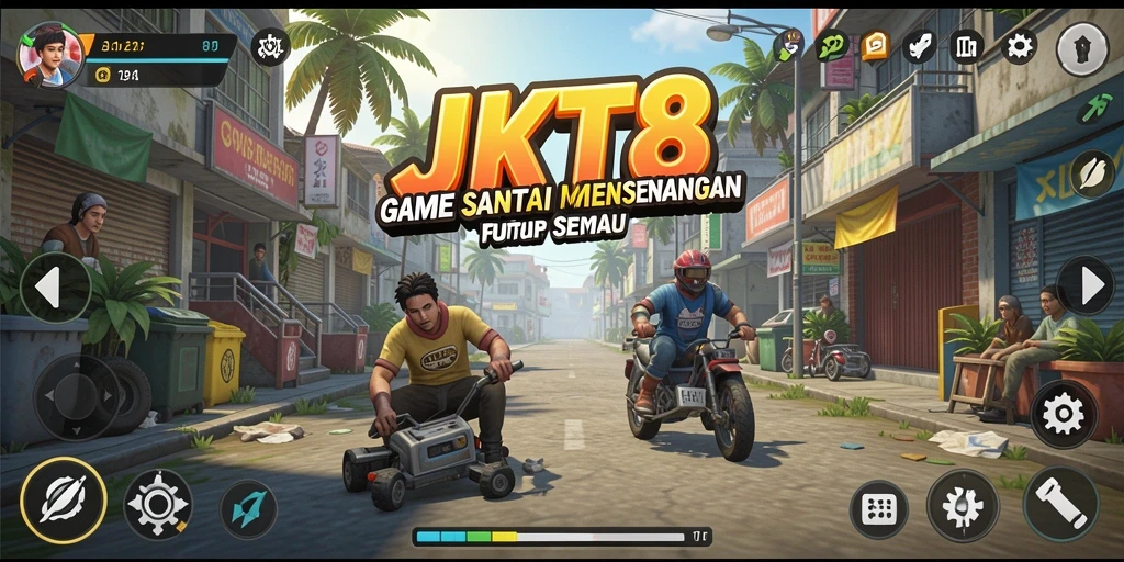 Screenshot utama JKT8 menampilkan aksi gameplay yang menyenangkan dan santai.