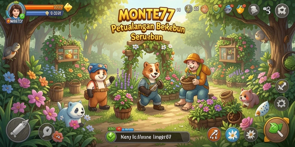 Tangkapan layar gameplay <strong>MONTE77</strong> menampilkan pertanian yang subur dan aktivitas memanen.