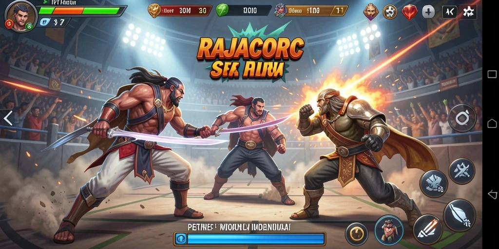 Tampilan aksi pertarungan seru di RAJACORC dengan karakter unik.