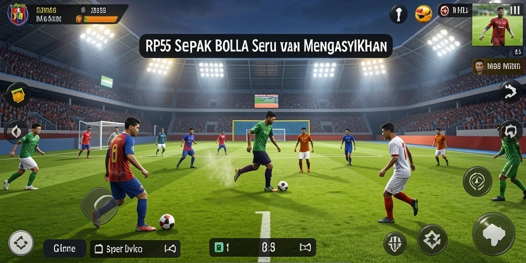 Tampilan permainan RP55 yang menampilkan aksi sepak bola intens.