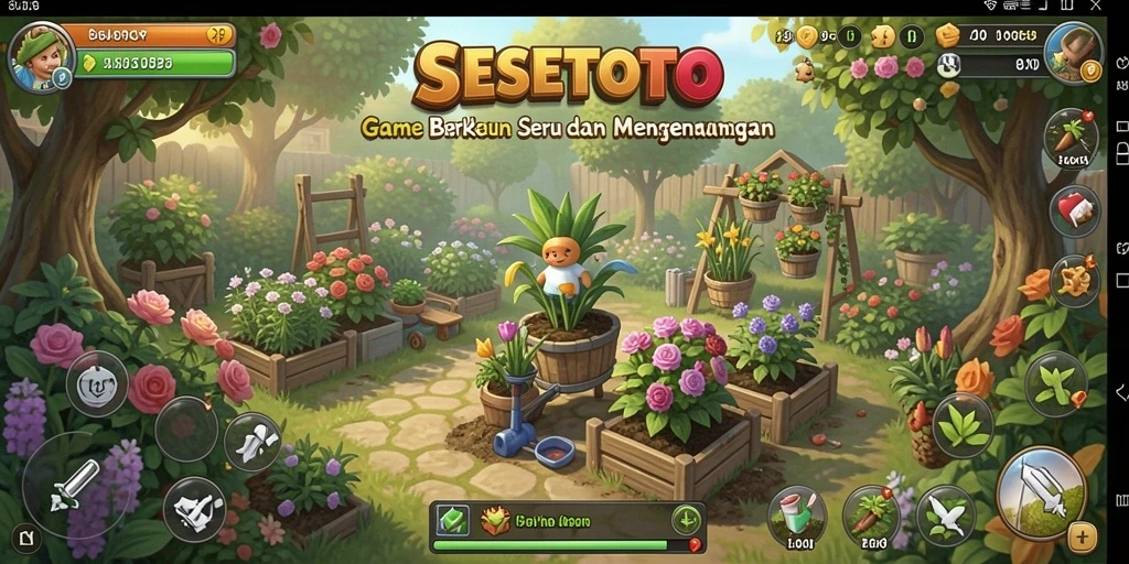 Tampilan gameplay SESETOTO yang menggambarkan aktivitas berkebun yang seru.
