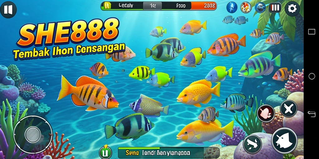 Screenshot gameplay SHE888 yang menampilkan aksi tembak ikan seru.