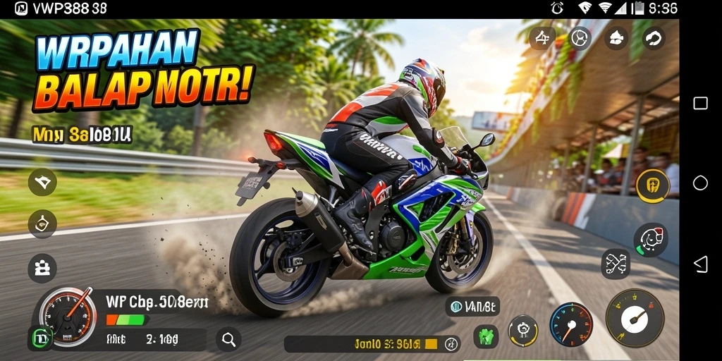 Screenshot gameplay WP888 menunjukkan aksi balapan motor yang seru